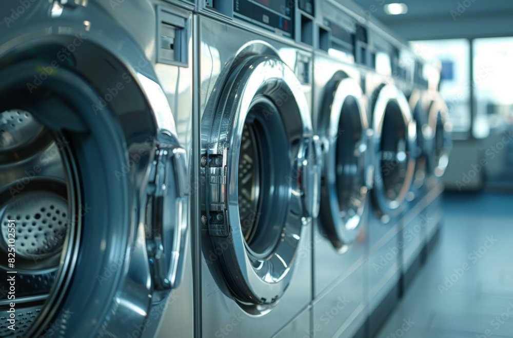 A row of industrial washing machines in a public laundromat A row of industrial washing machines in a public laundromat