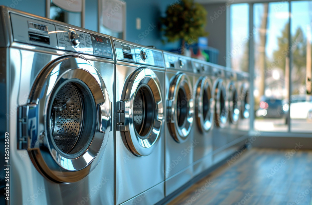 A row of industrial washing machines in a public laundromat A row of industrial washing machines in a public laundromat