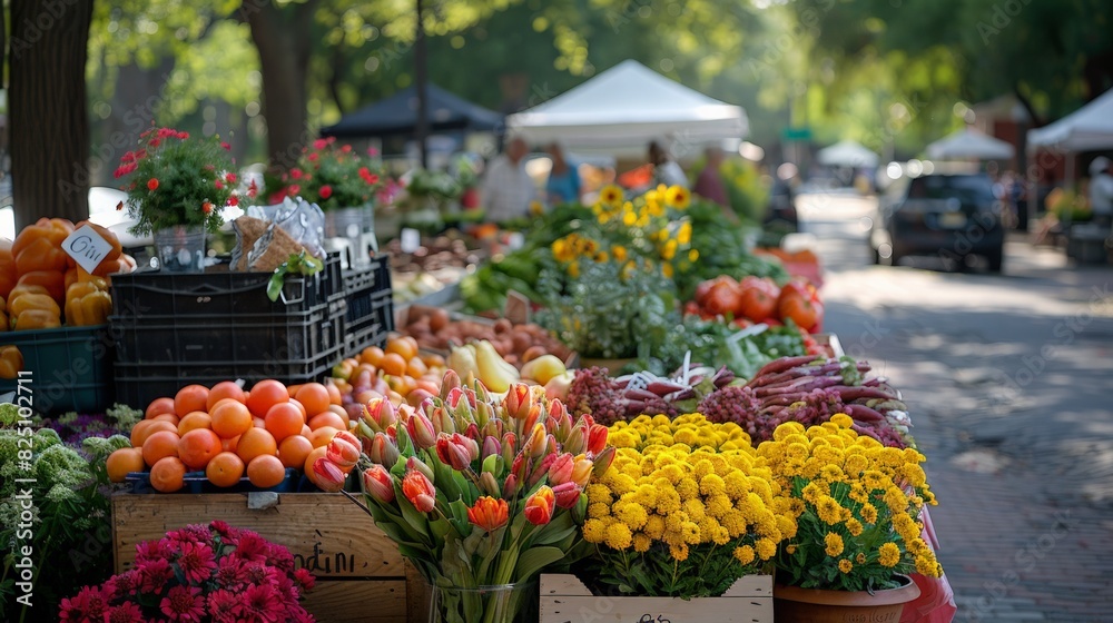 Farmers Market: Capture a lively farmers market with vendors selling fresh produce, flowers, and homemade goods, emphasizing local commerce and healthy living. 