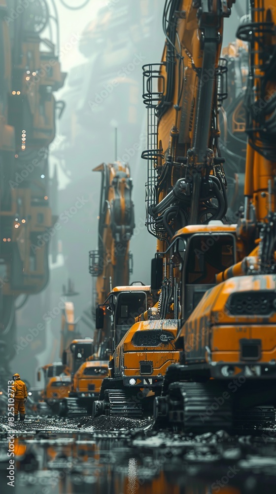 Autonomous bulldozers leveling a construction site 3D rendering Autonomous bulldozers leveling a construction site 3D rendering