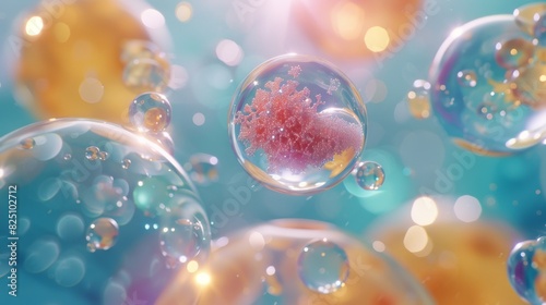 A breathtaking scene of cosmetic essence encapsulated in liquid bubbles, with molecular structures visible within each bubble, set against a backdrop of water ripples