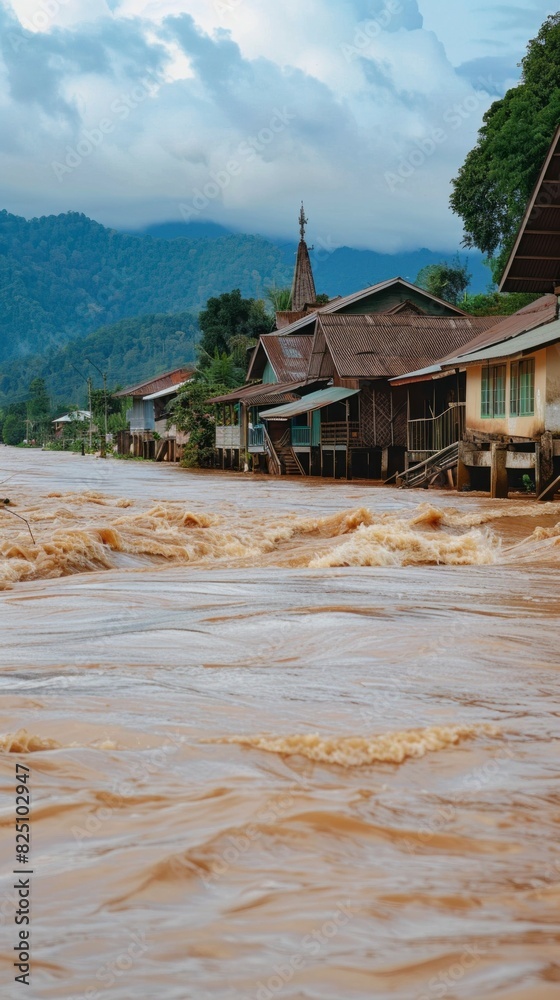 Obraz premium A river is overflowing and houses are in the water