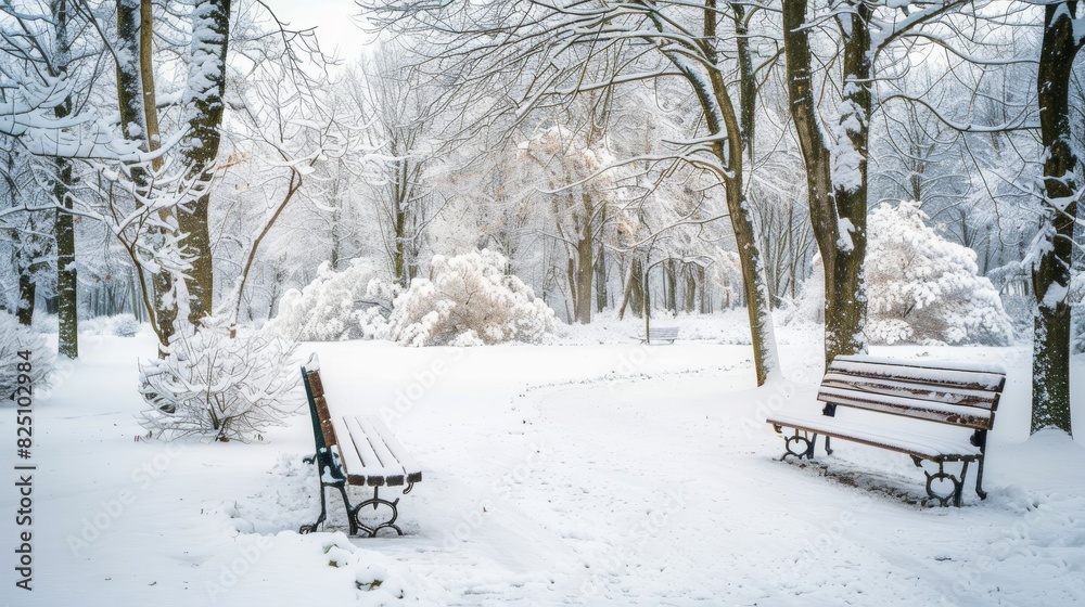 Serene Winter Park with Snow-Covered Benches and Frosted Trees