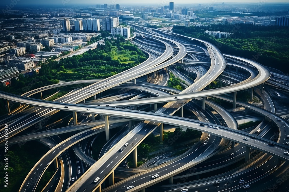 Aerial view of multilevel ring road junction interchange with traffic flow on highway Aerial view of multilevel ring road junction interchange with traffic flow on highway
