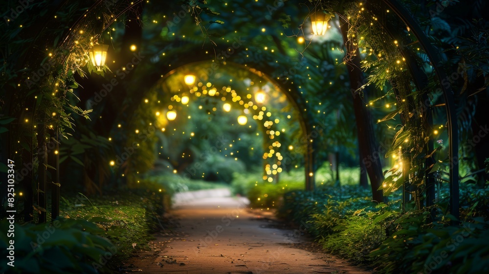 Obraz premium Magical Garden Pathway with Glowing Fairy Lights and Enchanting Evening Atmosphere