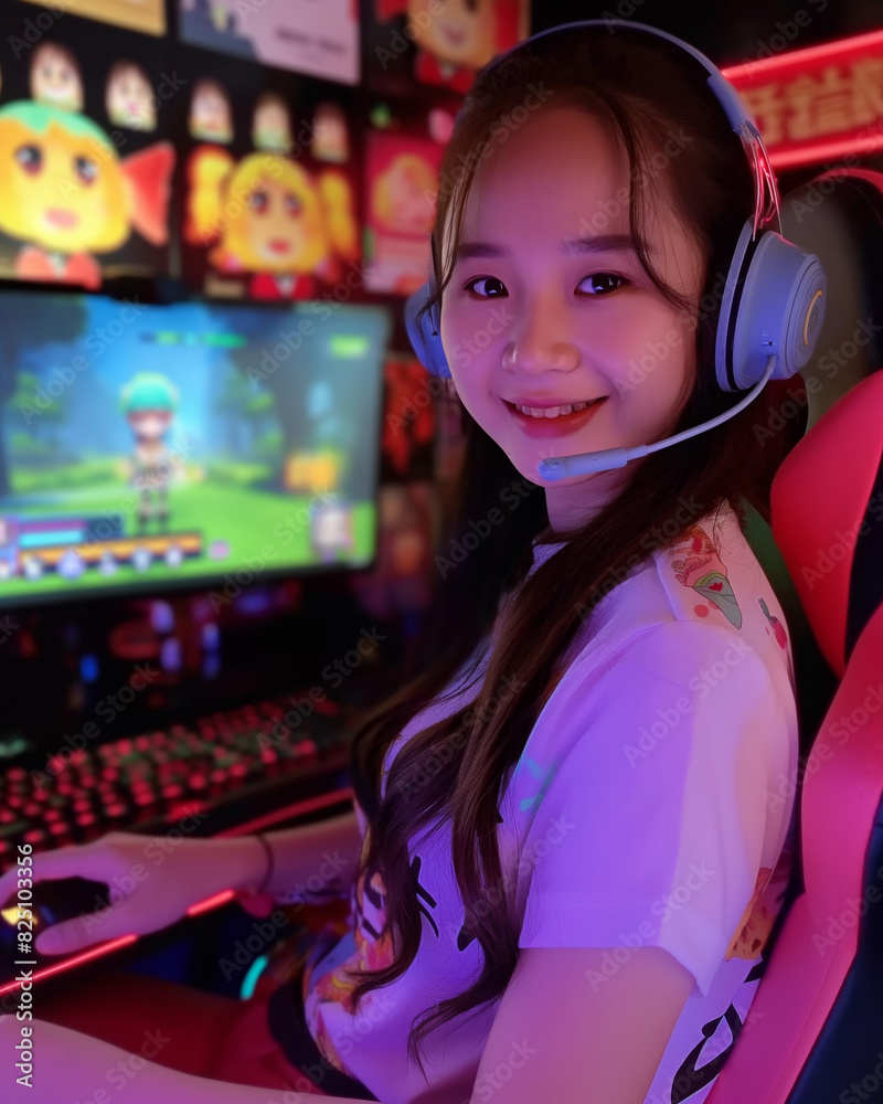 Cute Asian girl gamer playing video games at home. Cute Asian girl gamer playing video games at home.