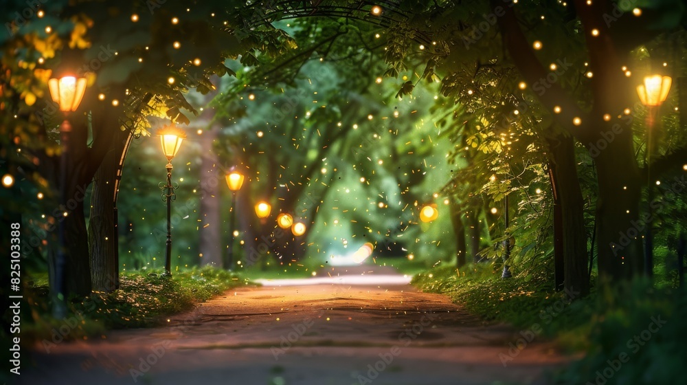 Enchanted Forest Pathway with Lanterns and Fireflies at Dusk Enchanted Forest Pathway with Lanterns and Fireflies at Dusk