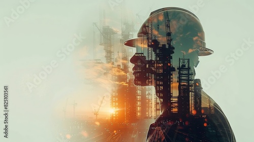 Double exposure of engineer and construction site with futuristic holograms 3D rendering