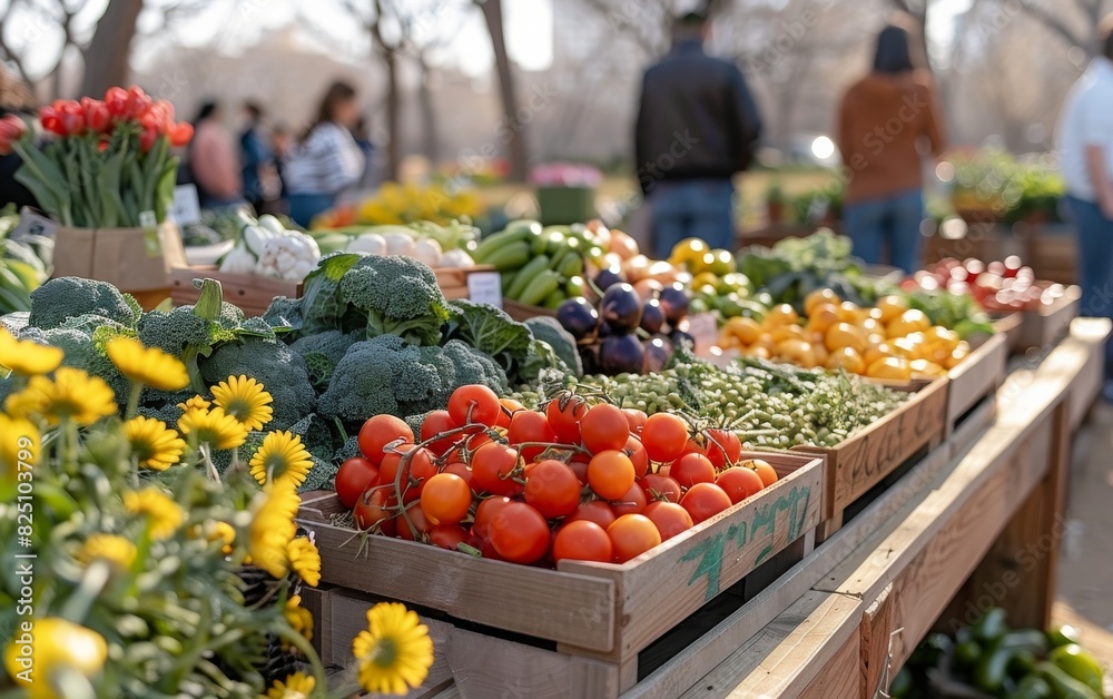 A table full of fresh produce including tomatoes, broccoli, and peppers