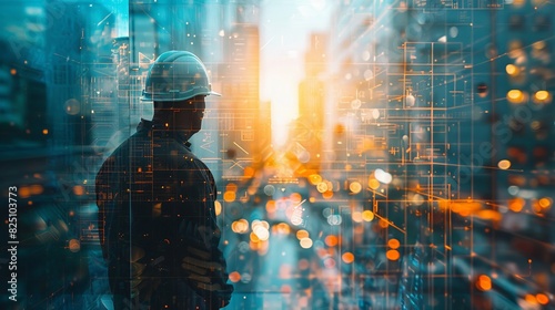 Engineer at a construction site with double exposure of blueprints and scaffolding realistic © Paphawin