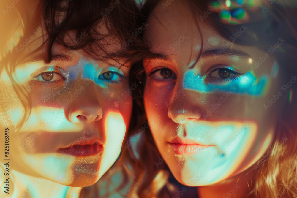 Colourful studio portrait of two young women with sun rays and shadows on their faces Colourful studio portrait of two young women with sun rays and shadows on their faces
