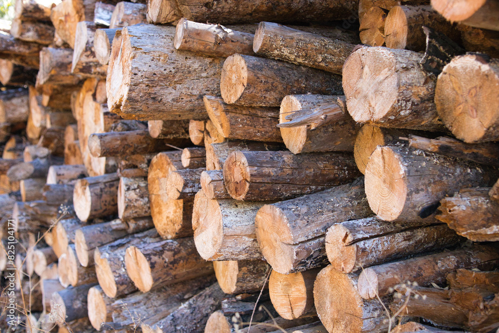 cut and stacked logs of different sizes. You can see the rings in the cut wood. cut and stacked logs of different sizes. You can see the rings in the cut wood.
