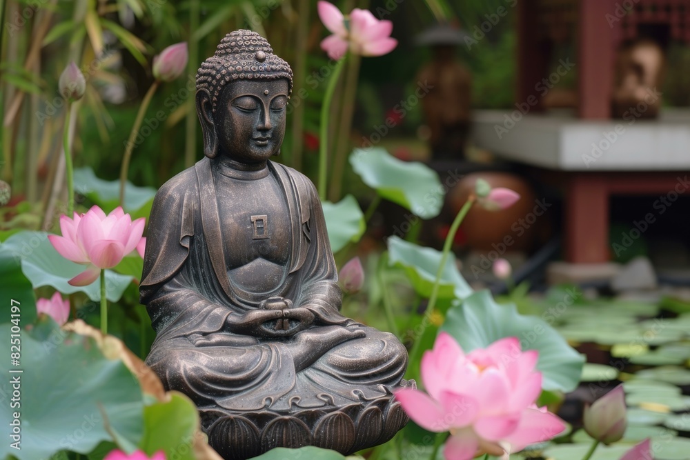 Peaceful buddha statue in meditation surrounded by vibrant pink lotus flowers in a tranquil garden setting