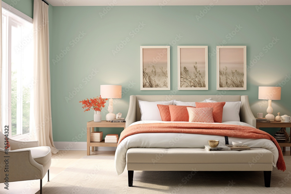 A serene bedroom with a pale aqua wall, a cozy sandy-brown couch, and touches of coral, creating a tranquil ambiance. A serene bedroom with a pale aqua wall, a cozy sandy-brown couch, and touches of coral, creating a tranquil ambiance.