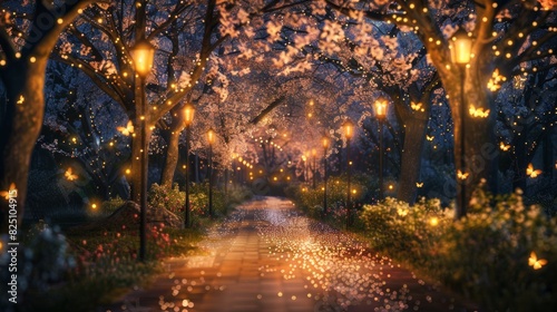 Magical Night Pathway with Glowing Fairy Lights and Blossoming Trees in a Romantic Garden