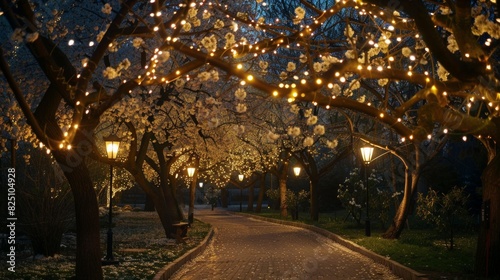 Cherry Blossom Pathway Lit by Twinkling Fairy Lights in a Serene Park at Night