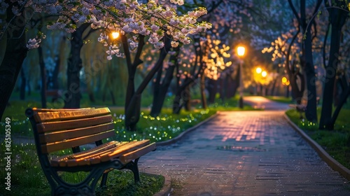 Evening Park with Illuminated Cherry Blossoms and Empty Wooden Bench During Springtime