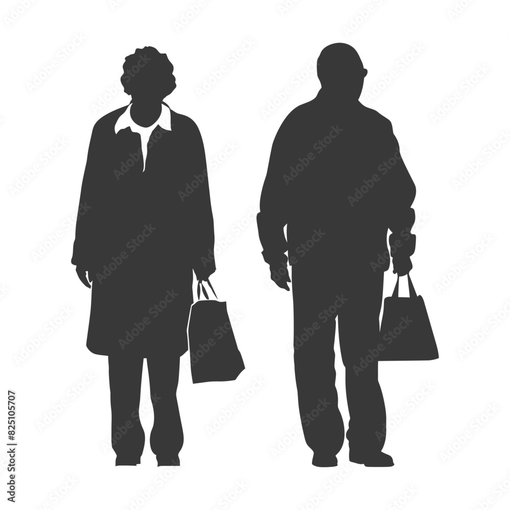 Silhouette elderly man and elderly women with Shopping basket full body black color only Silhouette elderly man and elderly women with Shopping basket full body black color only