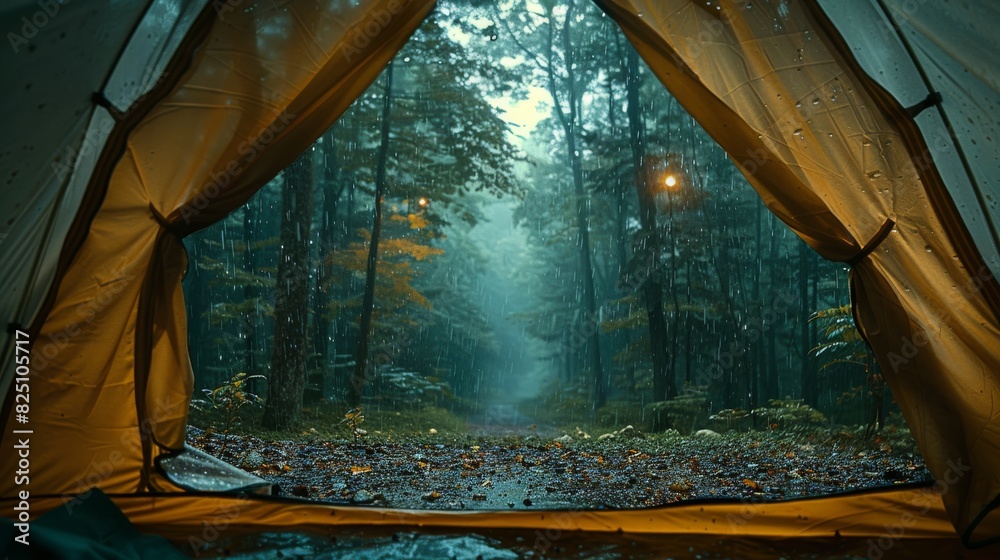 A tent with a view of a forest and a fire