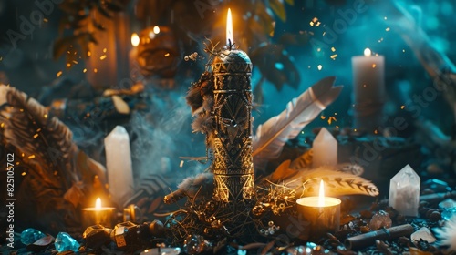 A captivating close-up of a shamanic altar adorned with an assortment of magical items and sacred talismans. A handcrafted witchcraft staff stands tall against a backdrop of shimmering crystals photo