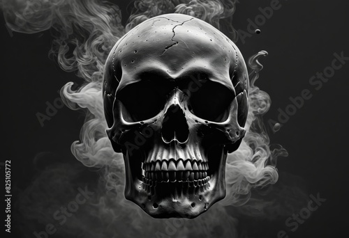 Black and white image of a human skull in smoke 