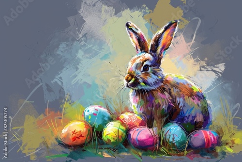 A rabbit is sitting on a field of Easter eggs. The eggs are of different colors, and the rabbit is surrounded by them. The scene is peaceful and serene, with the rabbit looking up at the viewer