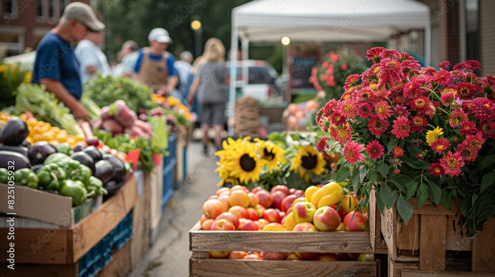 Farmers Market: Capture a lively farmers market with vendors selling fresh produce, flowers, and homemade goods, emphasizing local commerce and healthy living. 