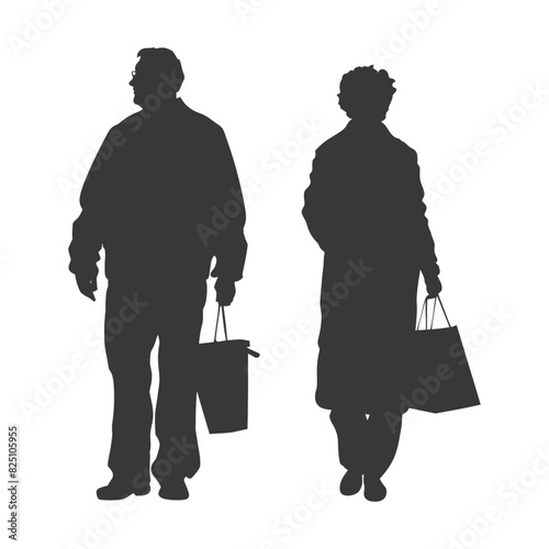 Silhouette elderly man and elderly women with Shopping basket full body black color only