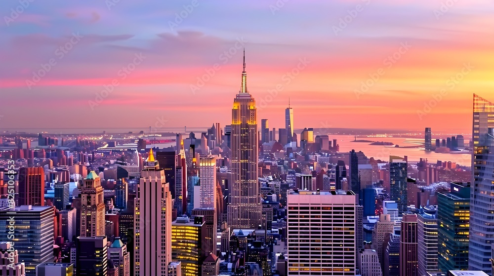 New York City Skyline Glowing in Sunset Splendor, Panoramic Vantage Point Perspective