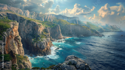 A dramatic coastal scene with steep cliffs, crashing waves, and a panoramic view of the ocean, ideal for adventurous and inspiring summer backdrops. photo