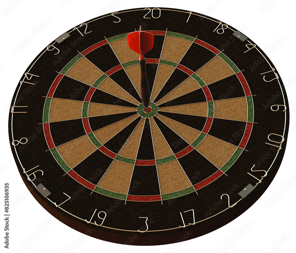 Dart in the center of the dartboard. Isolated. Transparent background. 3D Render.