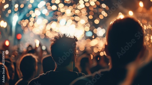 A crowd of people are watching fireworks. The fireworks are bright and colorful, and the people are enjoying the show. Scene is festive and joyful photo