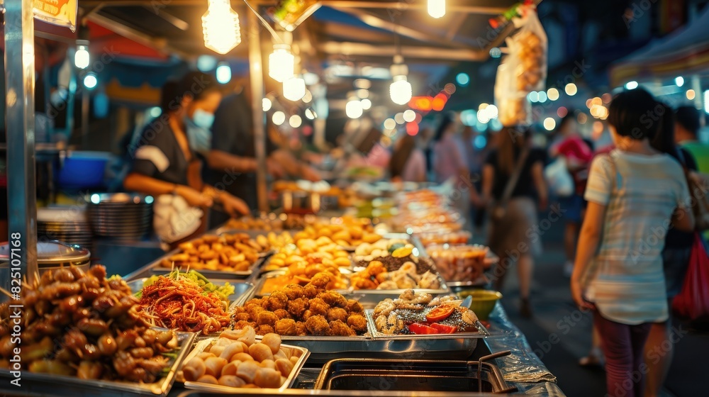 A bustling street food market at night, with colorful food stalls offering a variety of global delicacies, captured under bright, professional lighting to showcase the rich colors A bustling street food market at night, with colorful food stalls offering a variety of global delicacies, captured under bright, professional lighting to showcase the rich colors