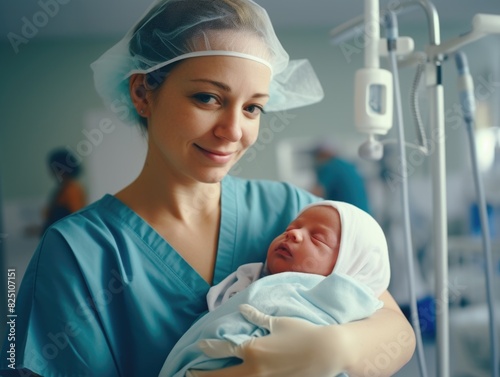A woman in a blue hospital gown holds a baby in her arms. The baby is wearing a white hat. The scene is likely taking place in a hospital nursery or maternity ward photo
