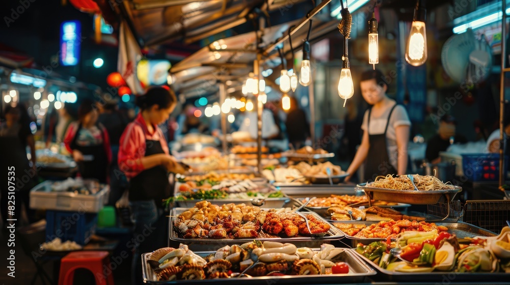 A bustling street food market at night, with colorful food stalls offering a variety of global delicacies, captured under bright, professional lighting to showcase the rich colors A bustling street food market at night, with colorful food stalls offering a variety of global delicacies, captured under bright, professional lighting to showcase the rich colors