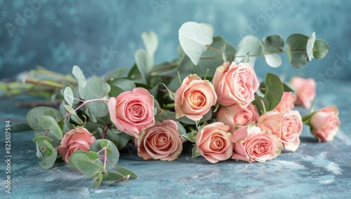A stunning arrangement of pink roses and green eucalyptus leaves