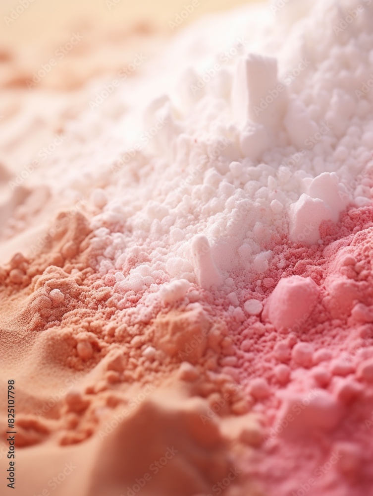 A pile of different colored powders, including pink, white, and brown. The colors are mixed together, creating a visually interesting and colorful display A pile of different colored powders, including pink, white, and brown. The colors are mixed together, creating a visually interesting and colorful display