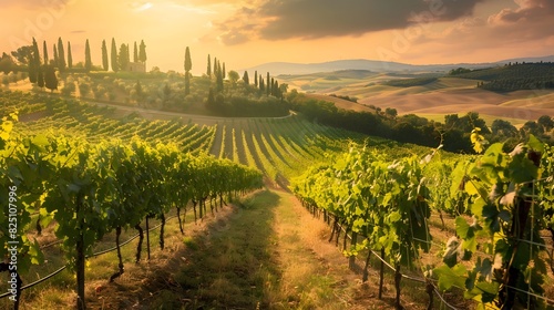 Golden Sunlight Bathes Rows of Grapevines in a Serene Tuscan Vineyard