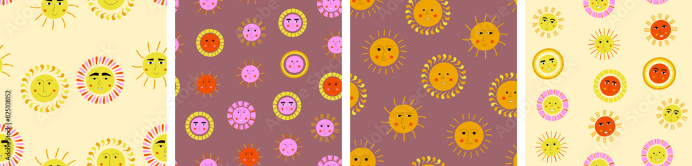Four seamless patterns, cheerful suns. Bright art background, spring sun, vector illustration in simple flat style.
