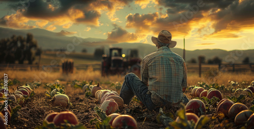 The farmer made a sorrowful decision with a heavy heart at farmland. Generative AI. photo