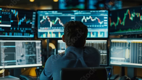 Stock Market Trader Analyzing Financial Data on Multiple Monitors in Modern Office