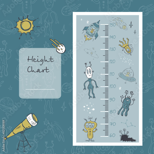 Space height chart with aliens for nursery. Cosmic adventure kids ruler. Cute stadiometer for baby room. Various hand drawn funny ufo and aliens.