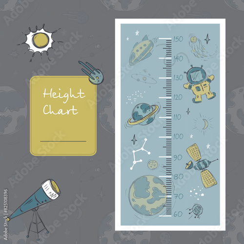 Space height chart with planets and astronauts for nursery. Cosmic adventure kids ruler. Cute stadiometer for baby room. Various hand drawn funny ufo and spaceship
