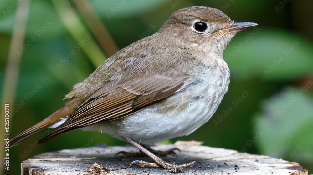 A small bird is perched on a log. The bird is brown and white in color. The image has a peaceful and calm mood A small bird is perched on a log. The bird is brown and white in color. The image has a peaceful and calm mood