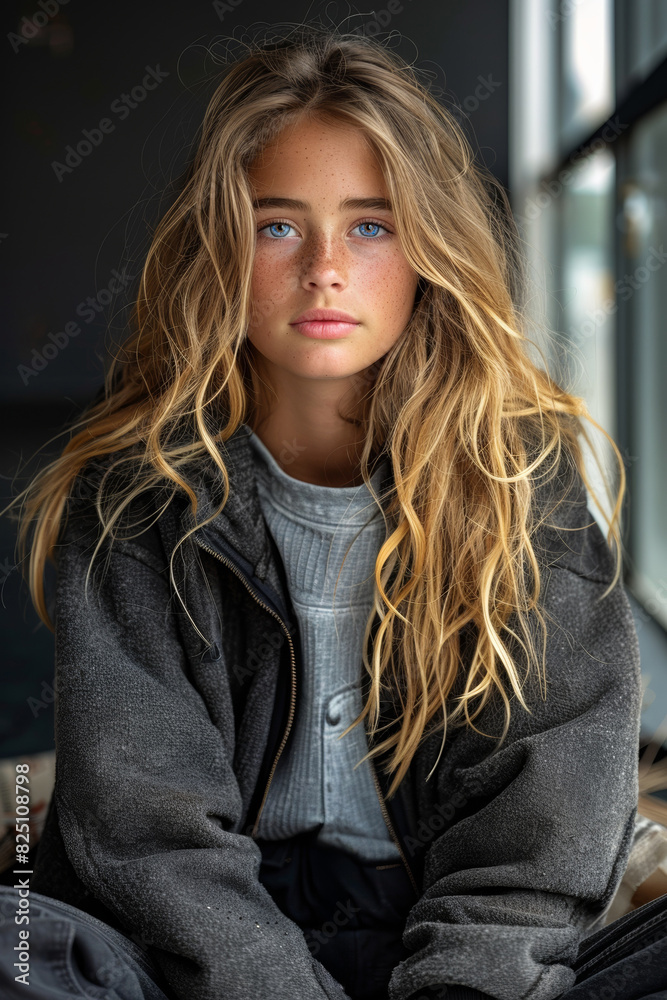 A stylish young lady appears melancholy, her expression reflecting inner turmoil and sadness A stylish young lady appears melancholy, her expression reflecting inner turmoil and sadness