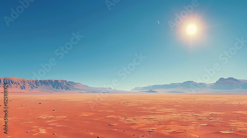Martian desert panorama featuring a stark red landscape