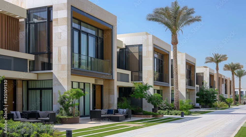 New modern classic luxury terraced villas with a confined courtyard. Generative AI. New modern classic luxury terraced villas with a confined courtyard. Generative AI.
