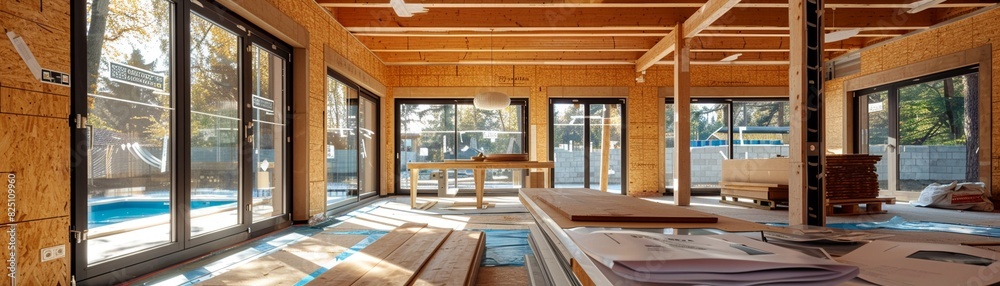 A construction site with innovative, ecofriendly building materials like insulated concrete forms and recycled materials, along with design blueprints and energy performance charts A construction site with innovative, ecofriendly building materials like insulated concrete forms and recycled materials, along with design blueprints and energy performance charts