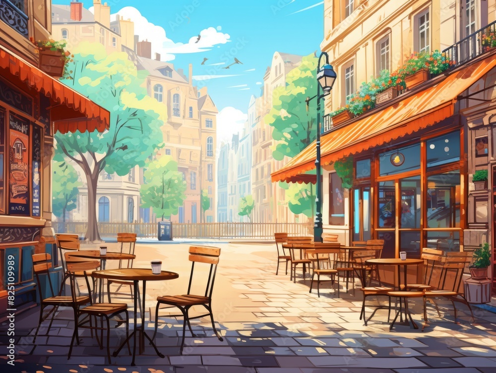 Charming street cafe scene in a picturesque town with empty chairs and tables, vibrant architecture, and blue sky creating a peaceful atmosphere.