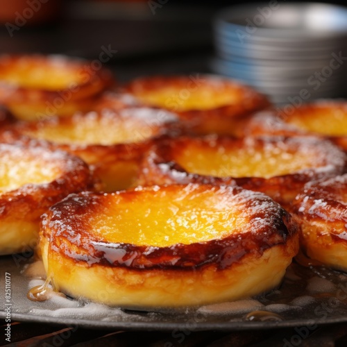 Close-up of delicious Portuguese custard tarts, also known as Pasteis de Nata, with a caramelized top and flaky crust, freshly baked. photo